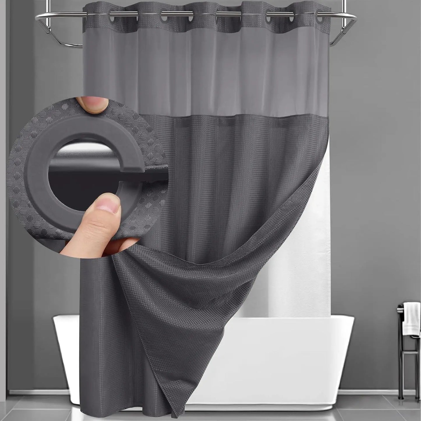No Hook Shower Curtain with Snap-In Liner – Double Layer Waterproof Fabric Curtain, Washable Hotel Style Bath Curtain
