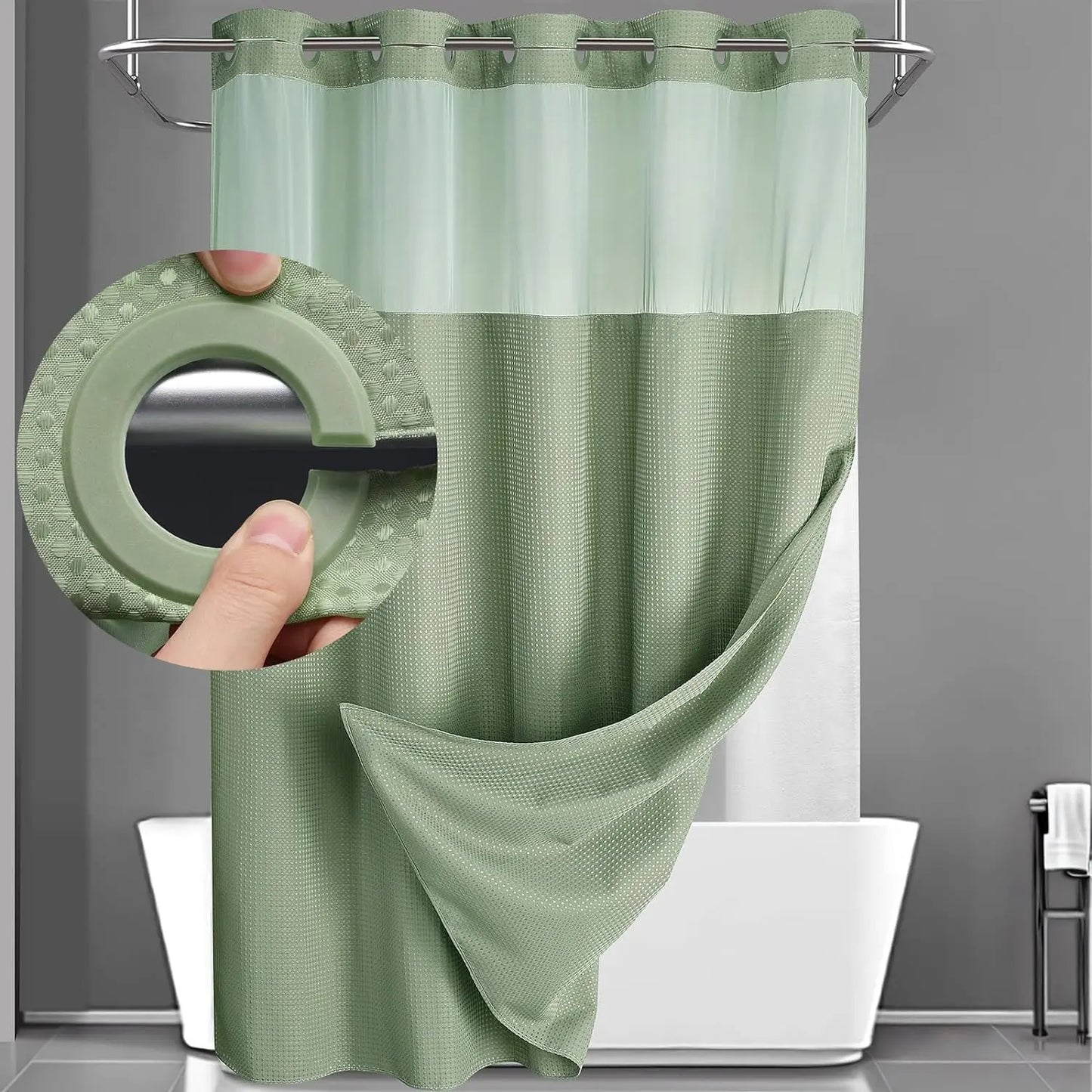 No Hook Shower Curtain with Snap-In Liner – Double Layer Waterproof Fabric Curtain, Washable Hotel Style Bath Curtain