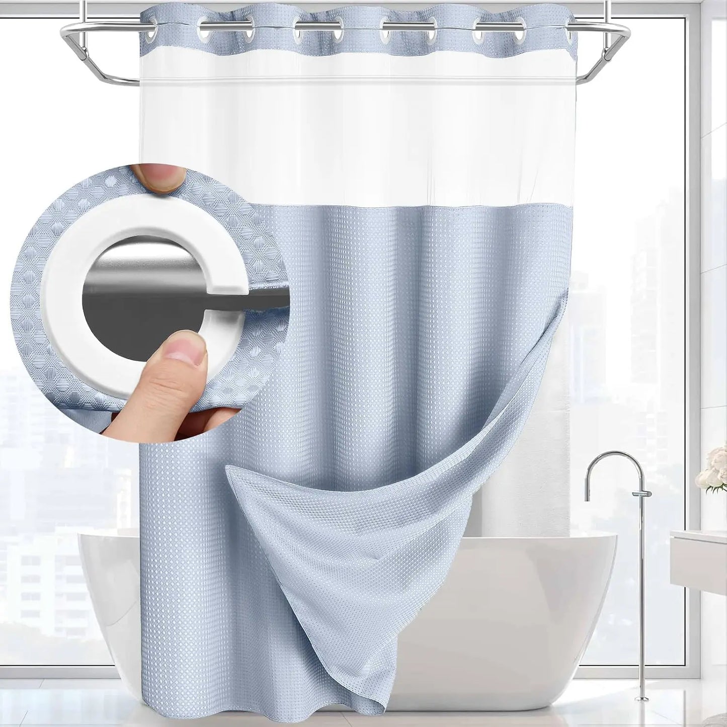 No Hook Shower Curtain with Snap-In Liner – Double Layer Waterproof Fabric Curtain, Washable Hotel Style Bath Curtain