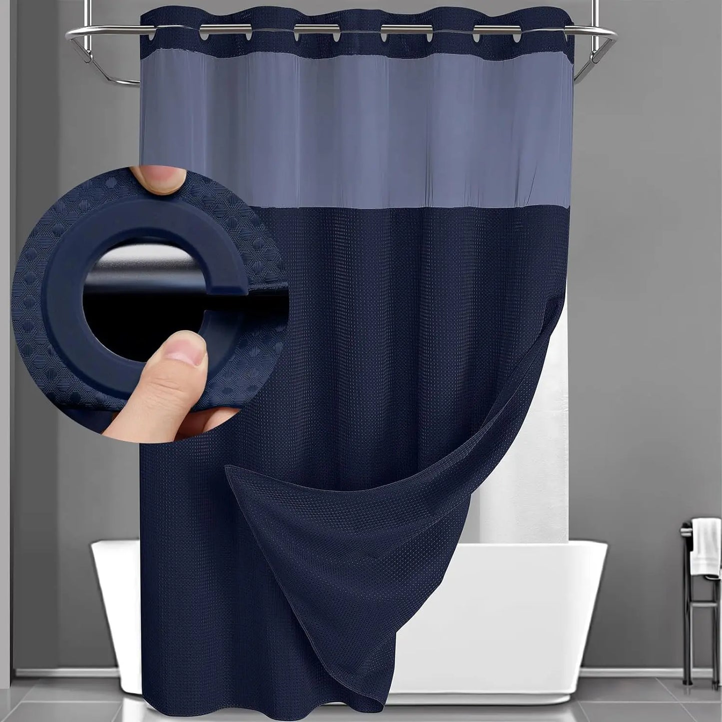 No Hook Shower Curtain with Snap-In Liner – Double Layer Waterproof Fabric Curtain, Washable Hotel Style Bath Curtain