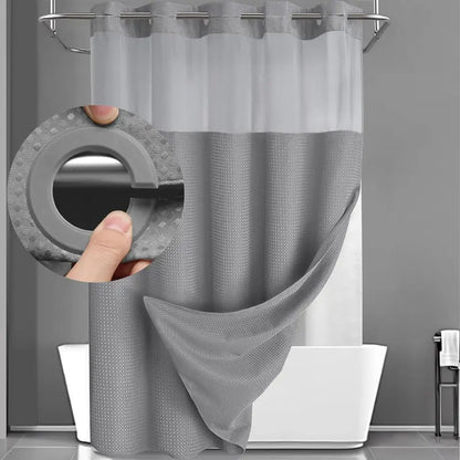No Hook Shower Curtain with Snap-In Liner – Double Layer Waterproof Fabric Curtain, Washable Hotel Style Bath Curtain