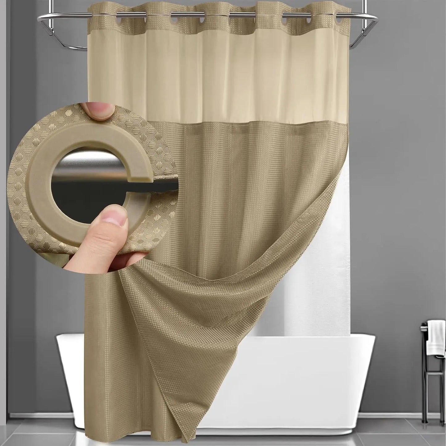 No Hook Shower Curtain with Snap-In Liner – Double Layer Waterproof Fabric Curtain, Washable Hotel Style Bath Curtain