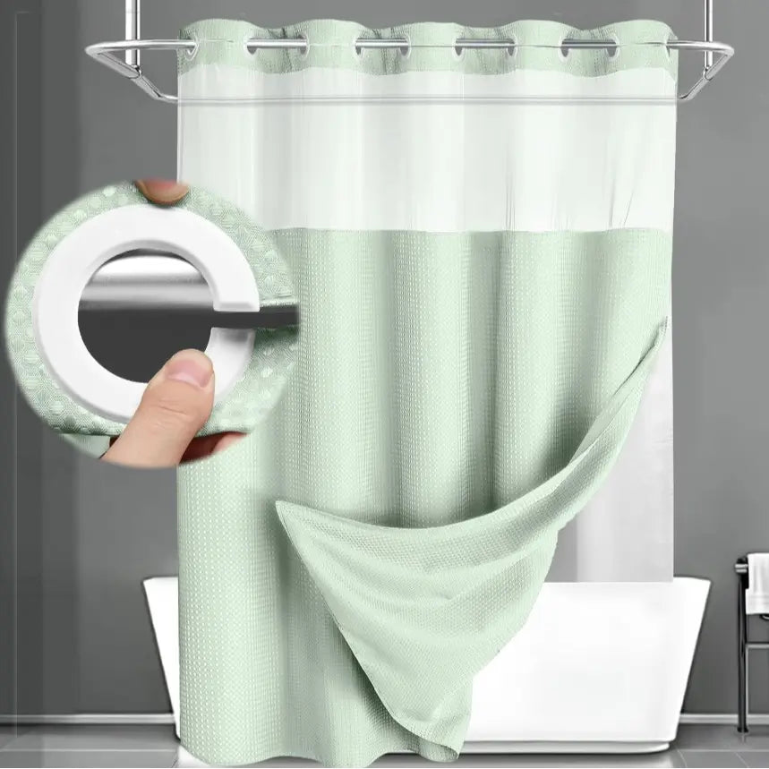 No Hook Shower Curtain with Snap-In Liner – Double Layer Waterproof Fabric Curtain, Washable Hotel Style Bath Curtain